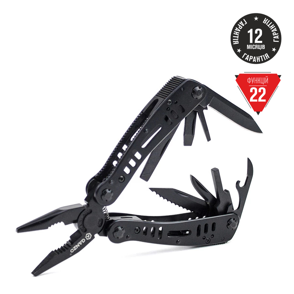 G103-uk.jpg Мультитул Ganzo G103, (19.3 см) 22 функції, чорний + біти та чохол - Зображення 1