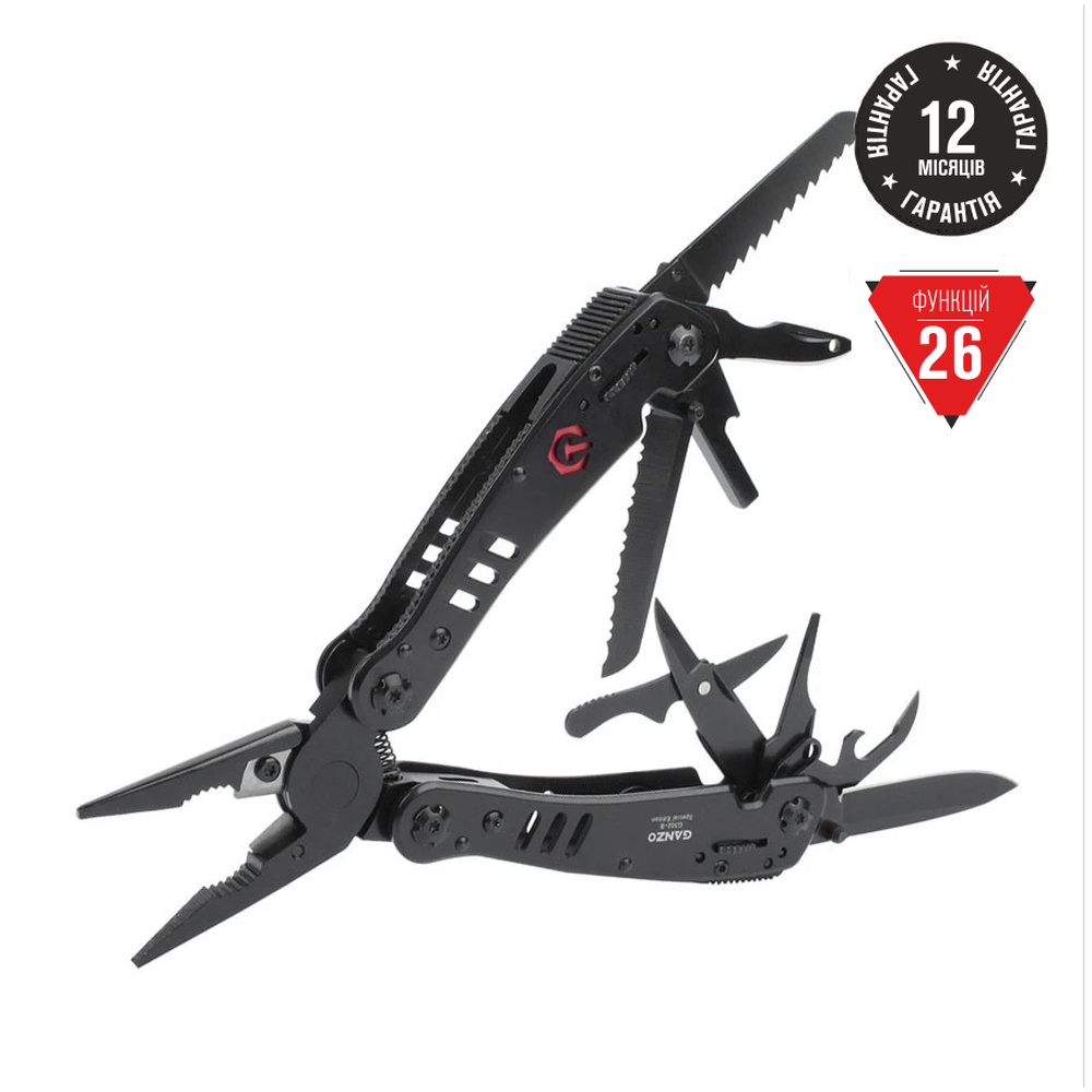 G302-B-uk Мультитул Ganzo G302-В, (16.5 см) 26 функцій, чорний + біти та чохол - Зображення 1